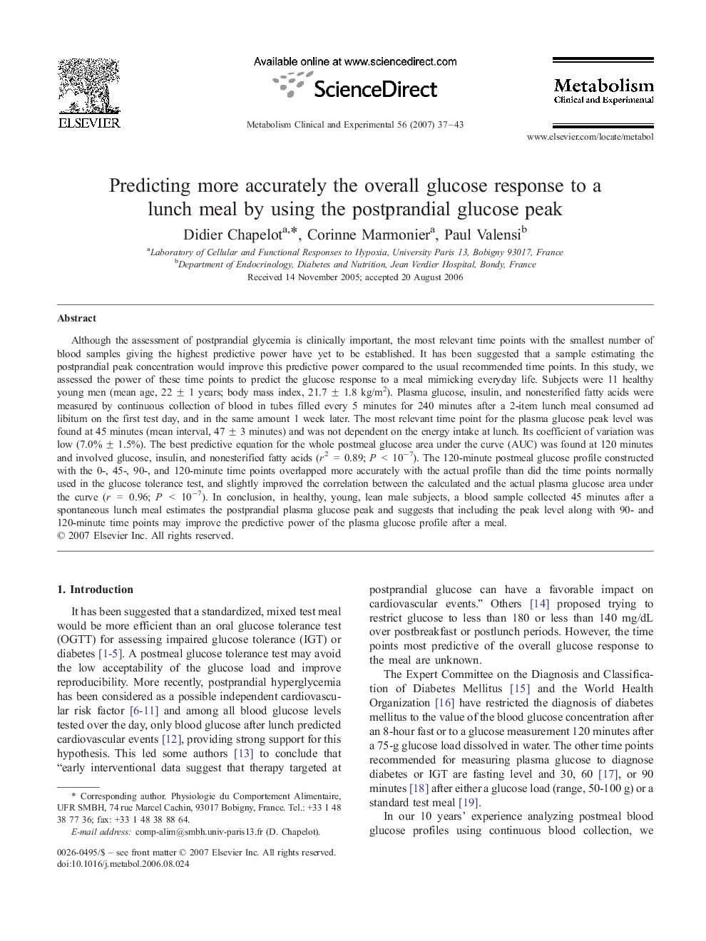 Predicting more accurately the overall glucose response to a lunch meal by using the postprandial glucose peak