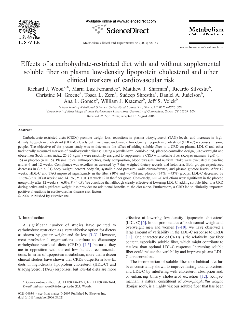 Effects of a carbohydrate-restricted diet with and without supplemental soluble fiber on plasma low-density lipoprotein cholesterol and other clinical markers of cardiovascular risk
