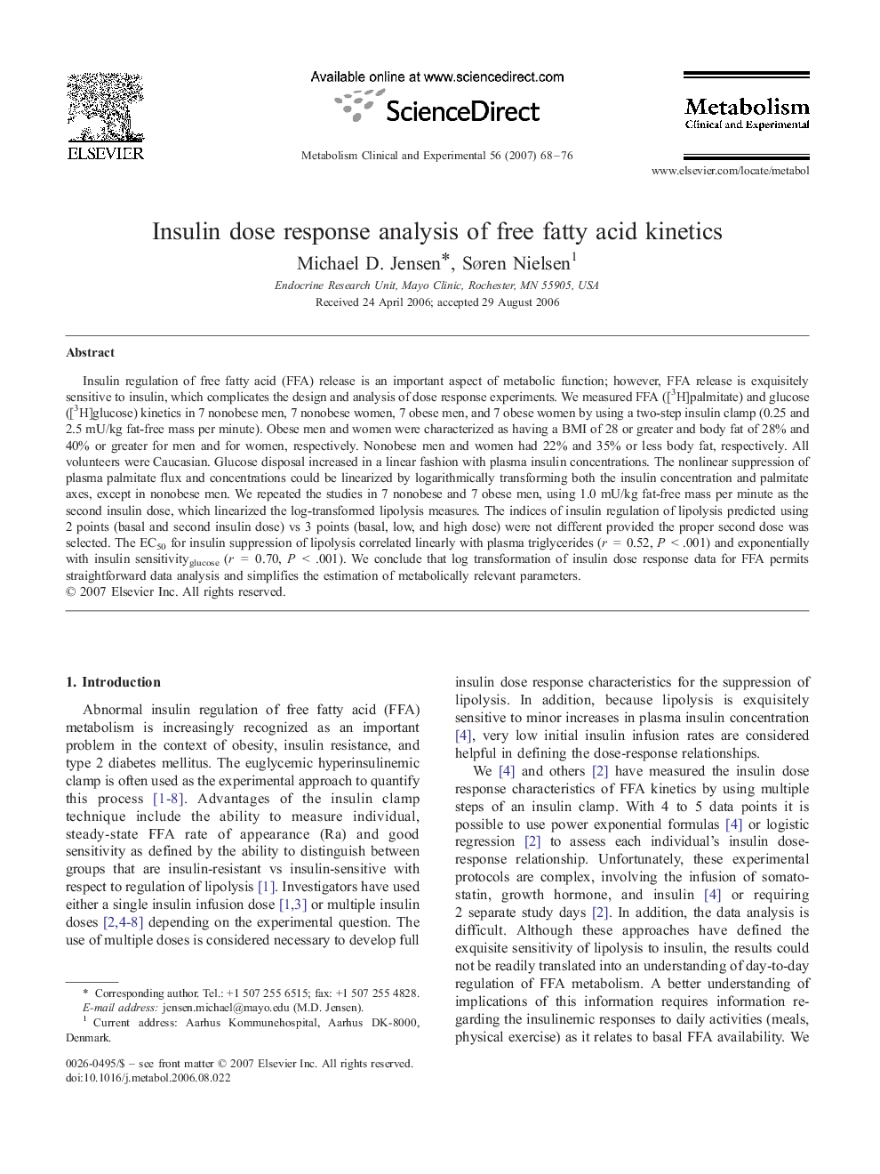 Insulin dose response analysis of free fatty acid kinetics
