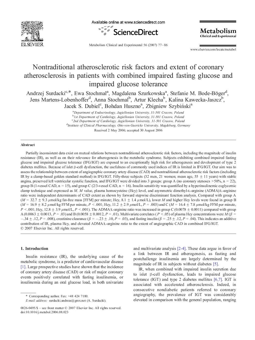 Nontraditional atherosclerotic risk factors and extent of coronary atherosclerosis in patients with combined impaired fasting glucose and impaired glucose tolerance
