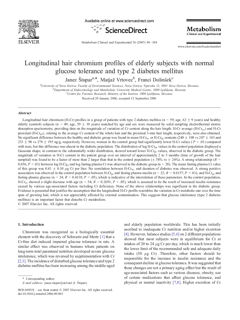 Longitudinal hair chromium profiles of elderly subjects with normal glucose tolerance and type 2 diabetes mellitus