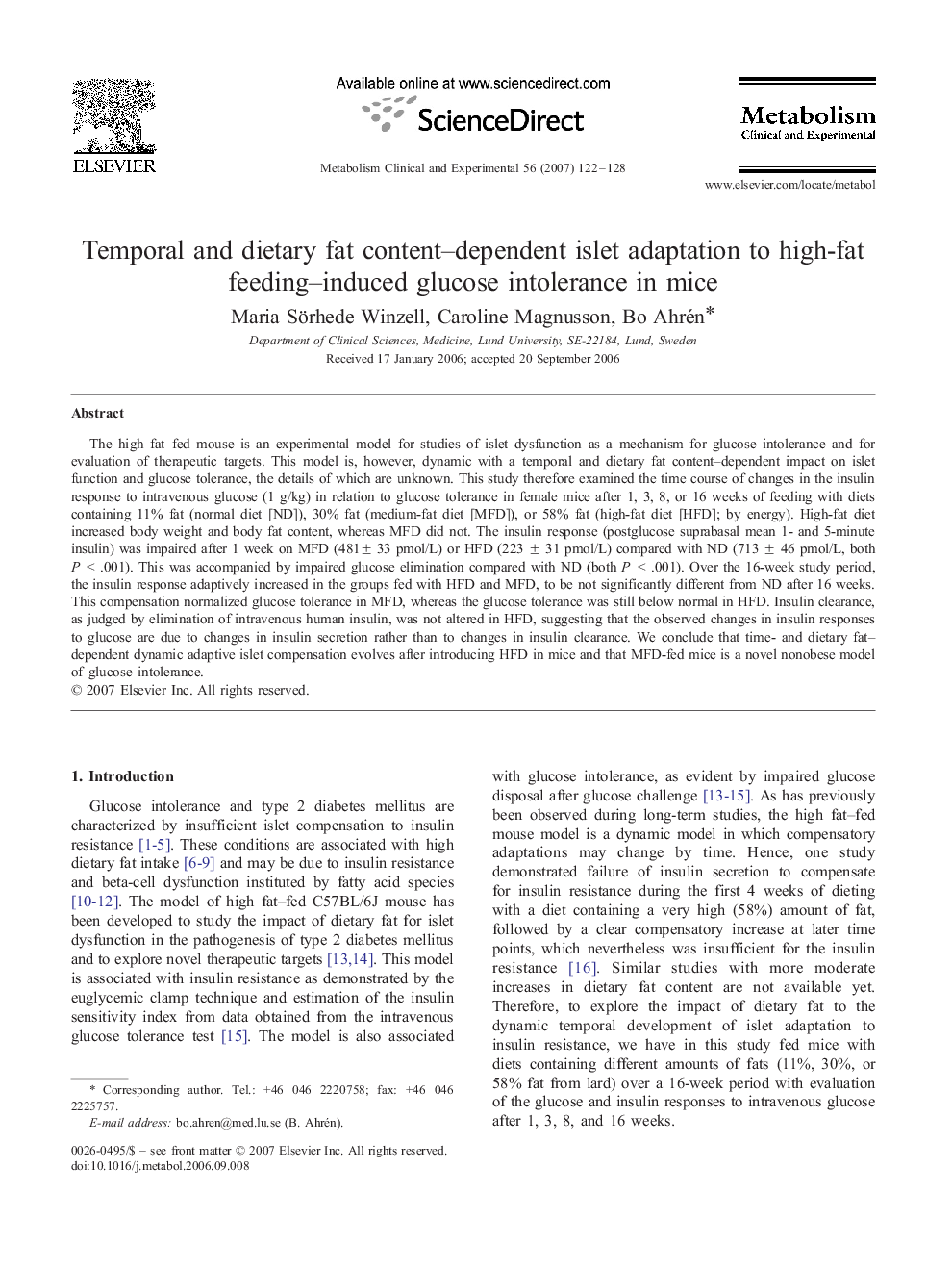 Temporal and dietary fat content–dependent islet adaptation to high-fat feeding–induced glucose intolerance in mice