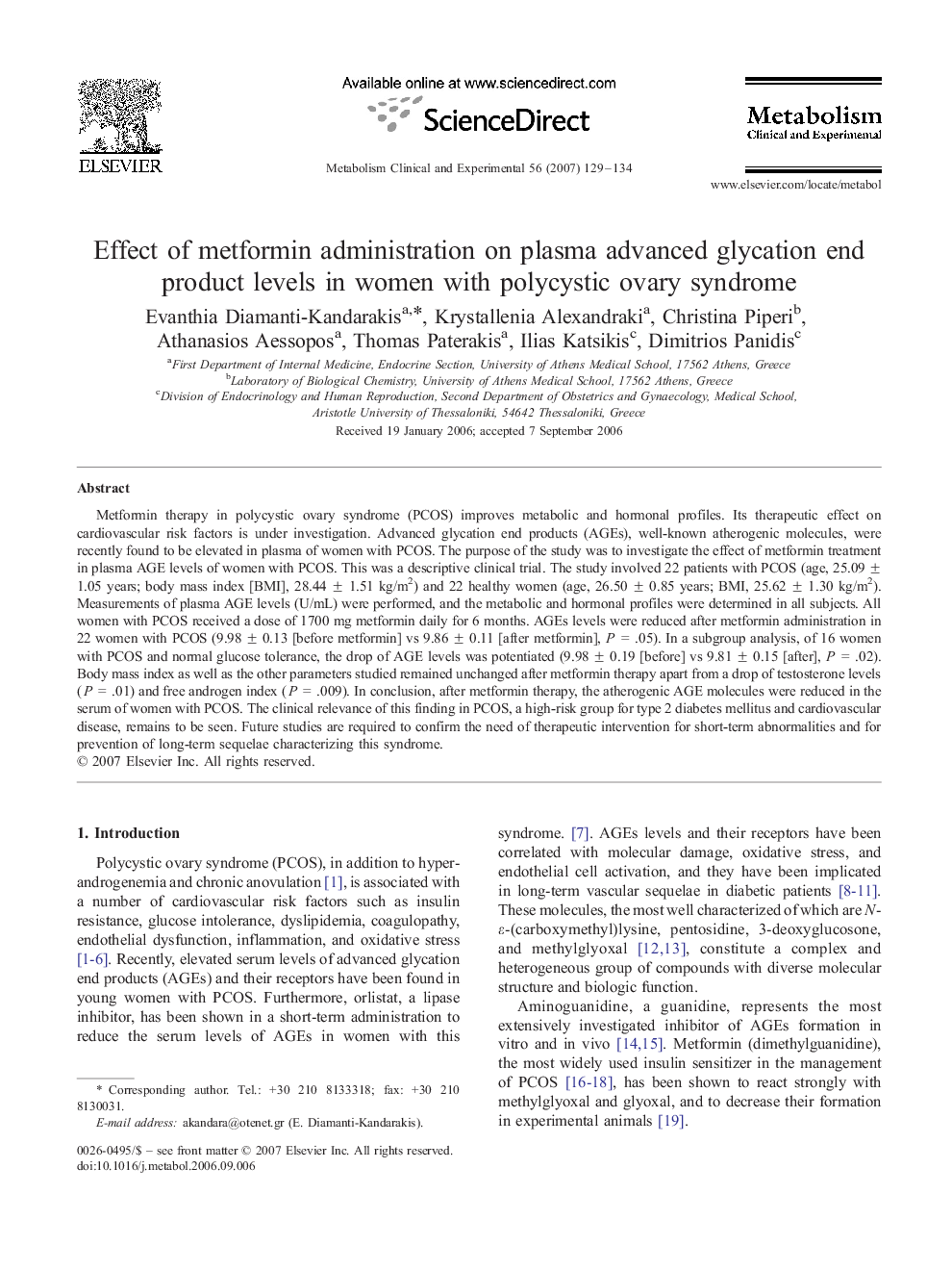Effect of metformin administration on plasma advanced glycation end product levels in women with polycystic ovary syndrome