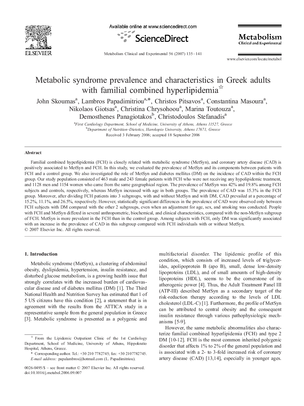 Metabolic syndrome prevalence and characteristics in Greek adults with familial combined hyperlipidemia 