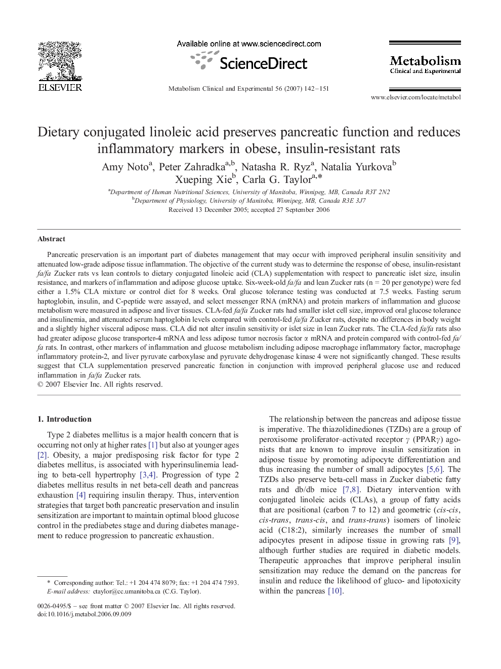 Dietary conjugated linoleic acid preserves pancreatic function and reduces inflammatory markers in obese, insulin-resistant rats
