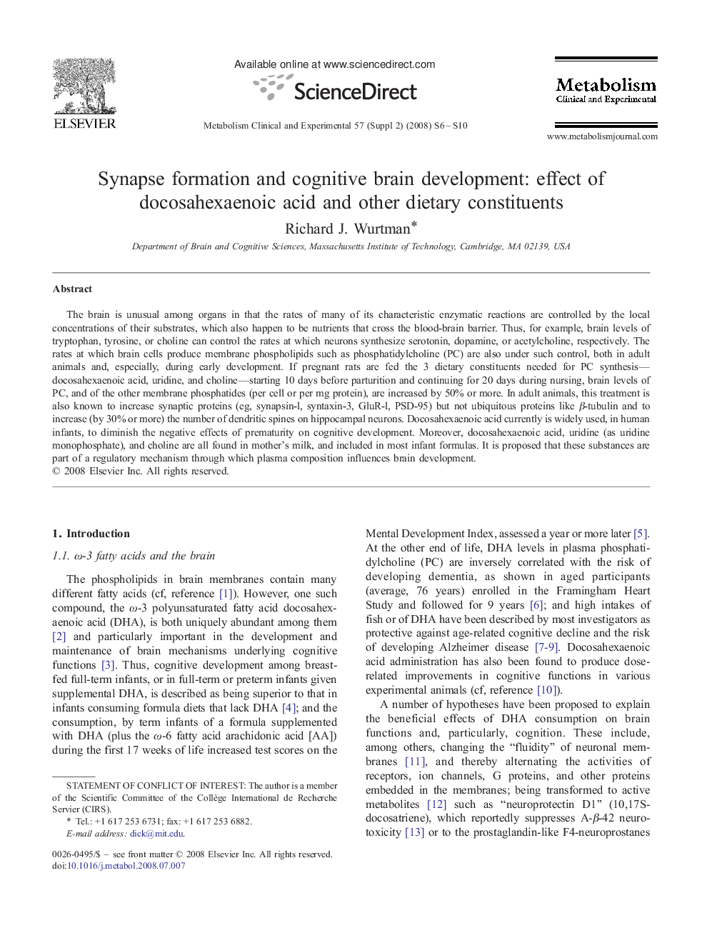 Synapse formation and cognitive brain development: effect of docosahexaenoic acid and other dietary constituents 