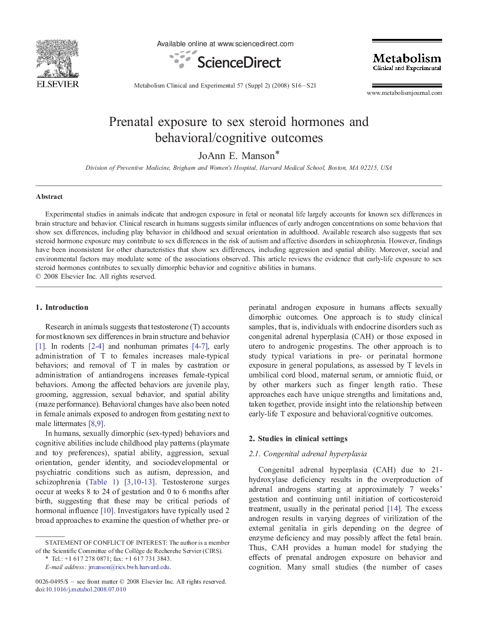 Prenatal exposure to sex steroid hormones and behavioral/cognitive outcomes 