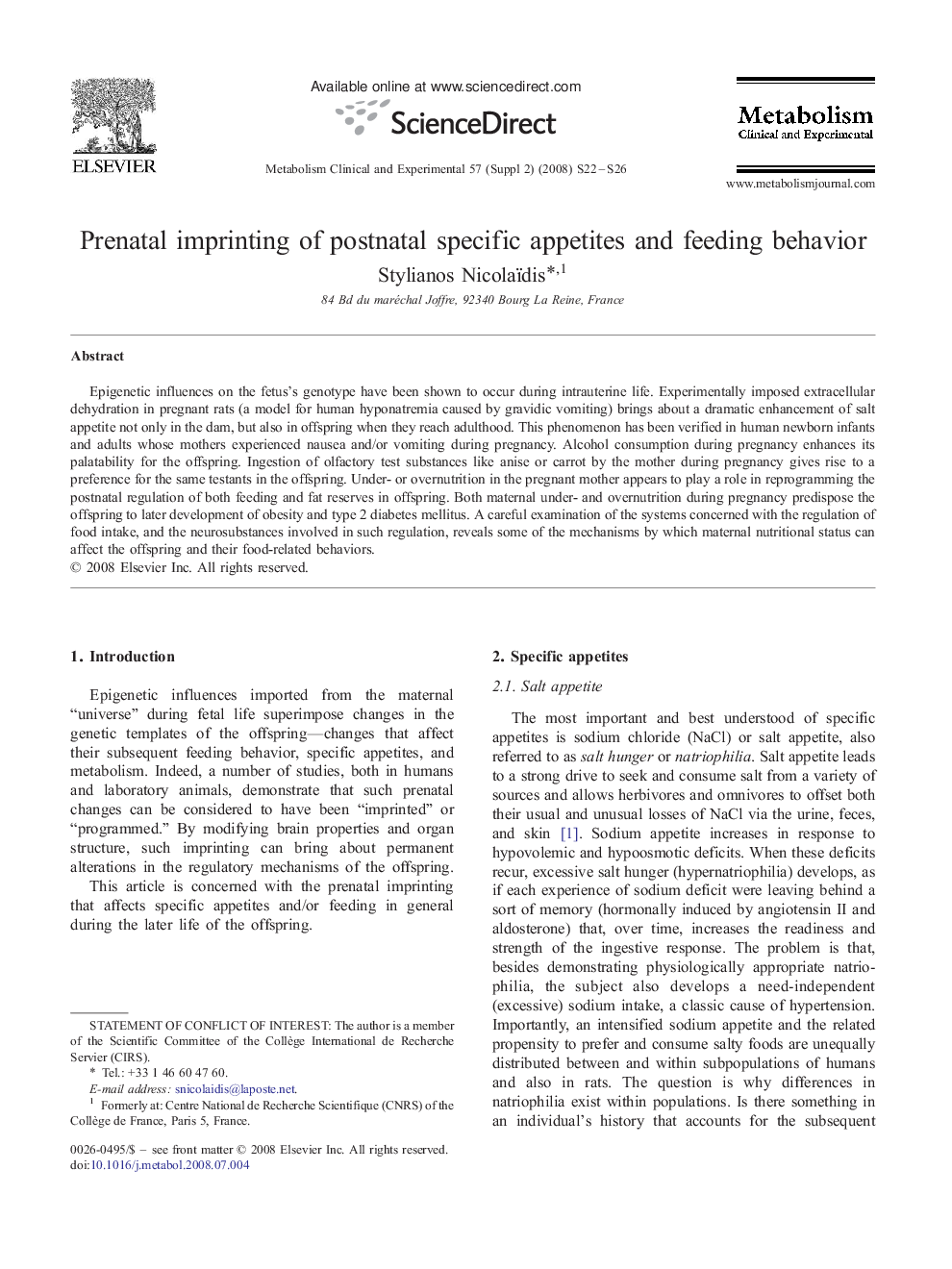 Prenatal imprinting of postnatal specific appetites and feeding behavior 