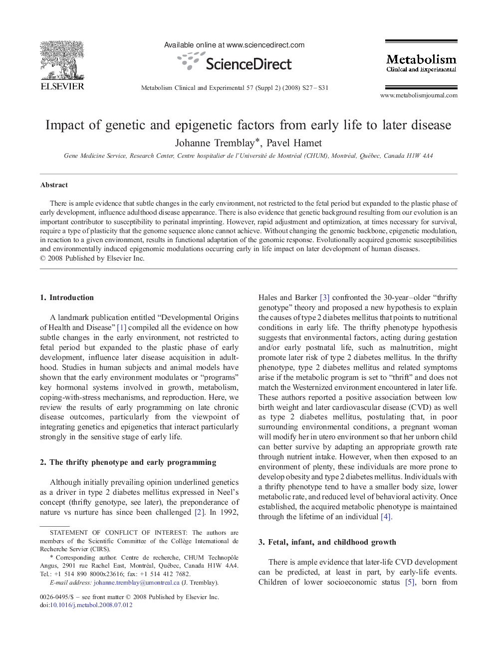 Impact of genetic and epigenetic factors from early life to later disease 