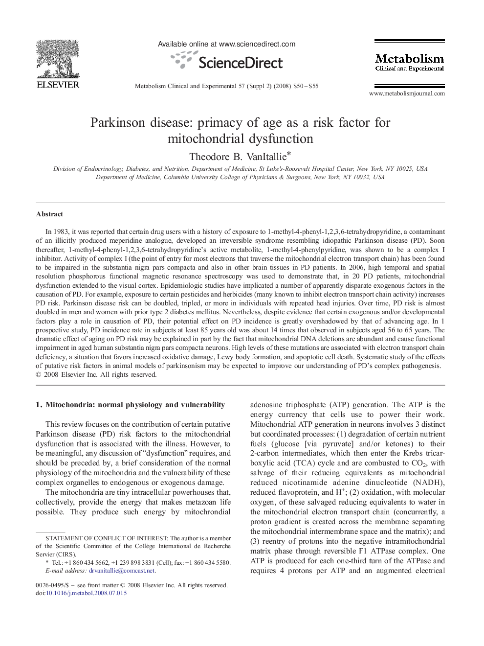 Parkinson disease: primacy of age as a risk factor for mitochondrial dysfunction 
