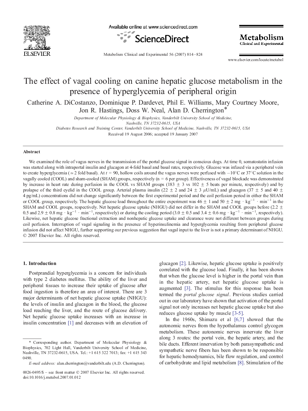 The effect of vagal cooling on canine hepatic glucose metabolism in the presence of hyperglycemia of peripheral origin