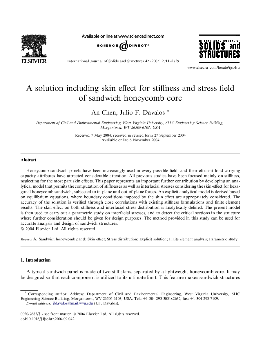 عکس صفحه اول مقاله: A solution including skin effect for stiffness and stress field of sandwich honeycomb core A solution including skin effect for stiffness and stress field of sandwich honeycomb core
