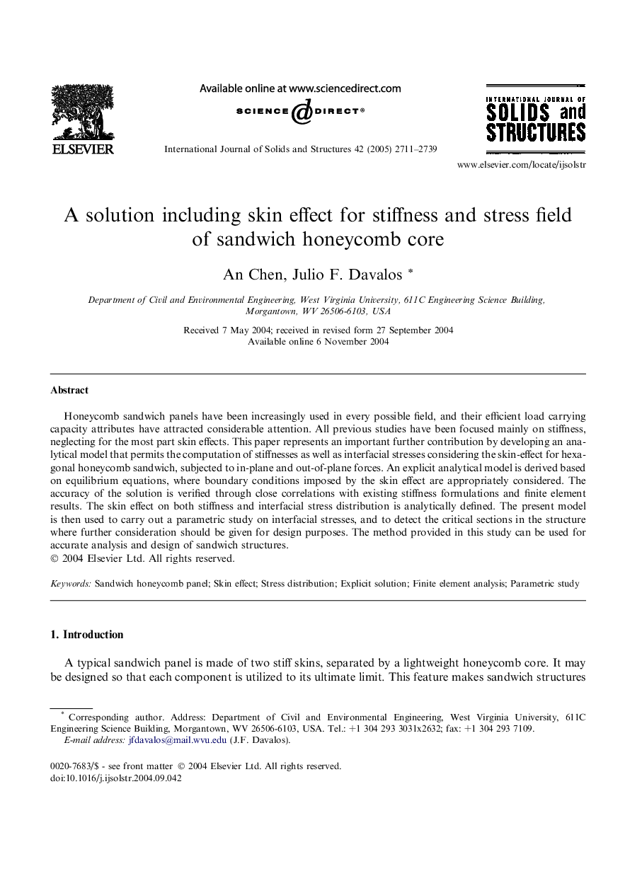 A solution including skin effect for stiffness and stress field of sandwich honeycomb core