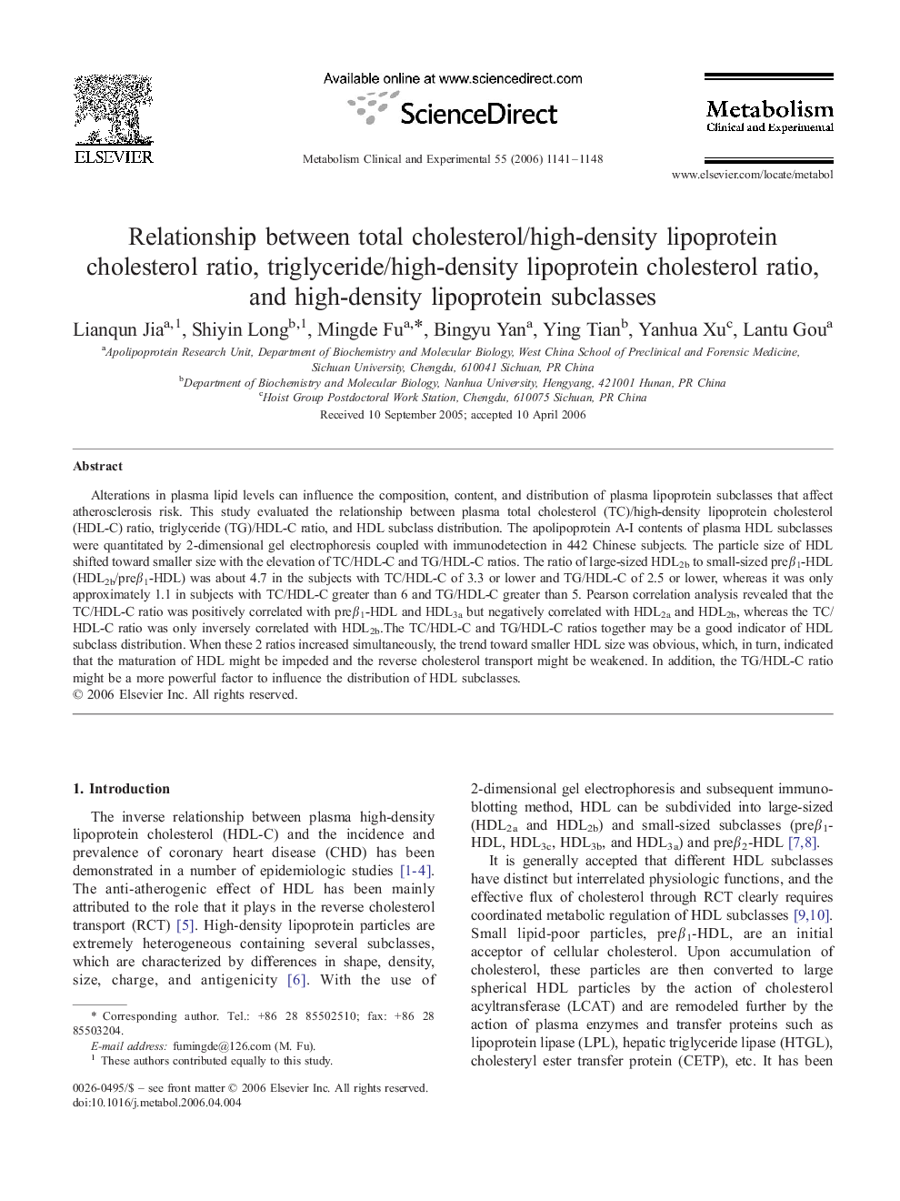 عکس صفحه اول مقاله: Relationship between total cholesterol/high-density lipoprotein cholesterol ratio, triglyceride/high-density lipoprotein cholesterol ratio, and high-density lipoprotein subclasses Relationship between total cholesterol/high-density lipoprotein cholesterol ratio, triglyceride/high-density lipoprotein cholesterol ratio, and high-density lipoprotein subclasses