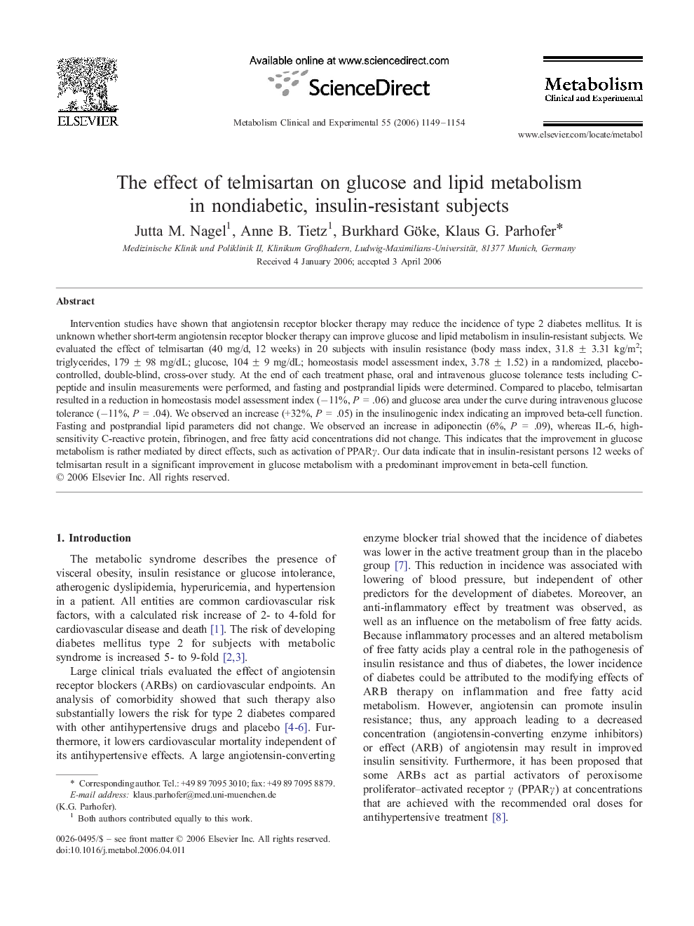 The effect of telmisartan on glucose and lipid metabolism in nondiabetic, insulin-resistant subjects
