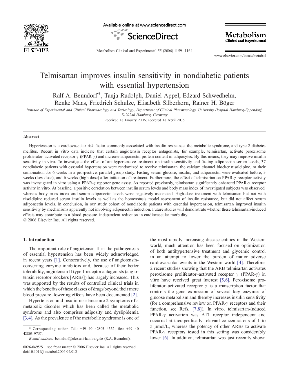 Telmisartan improves insulin sensitivity in nondiabetic patients with essential hypertension