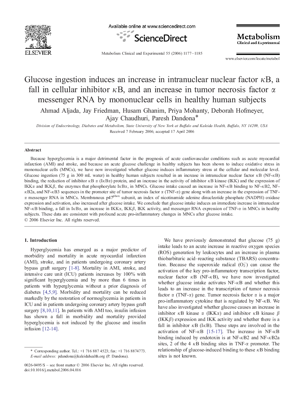 عکس صفحه اول مقاله: Glucose ingestion induces an increase in intranuclear nuclear factor κB, a fall in cellular inhibitor κB, and an increase in tumor necrosis factor α messenger RNA by mononuclear cells in healthy human subjects Glucose ingestion induces an increase in intranuclear nuclear factor κB, a fall in cellular inhibitor κB, and an increase in tumor necrosis factor α messenger RNA by mononuclear cells in healthy human subjects