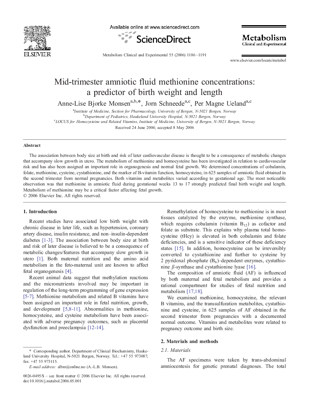 Mid-trimester amniotic fluid methionine concentrations: a predictor of birth weight and length