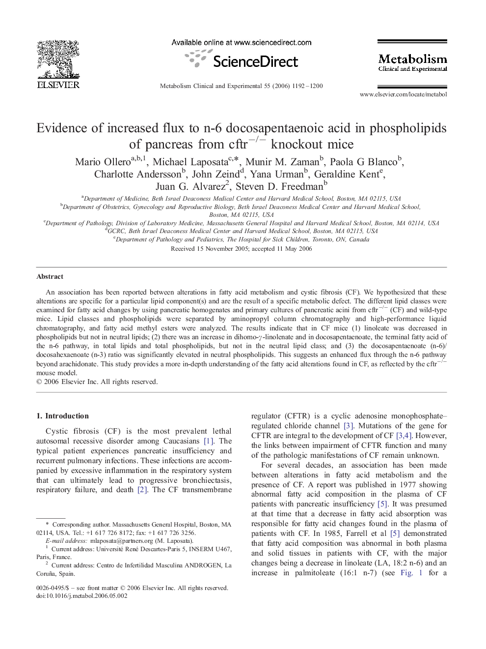 عکس صفحه اول مقاله: Evidence of increased flux to n-6 docosapentaenoic acid in phospholipids of pancreas from cftr−/− knockout mice Evidence of increased flux to n-6 docosapentaenoic acid in phospholipids of pancreas from cftr−/− knockout mice