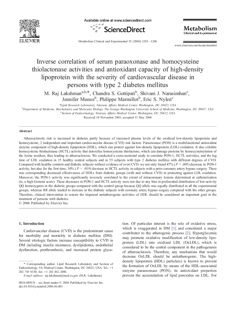 Inverse correlation of serum paraoxonase and homocysteine thiolactonase activities and antioxidant capacity of high-density lipoprotein with the severity of cardiovascular disease in persons with type 2 diabetes mellitus