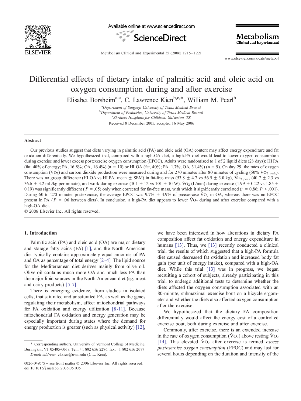 Differential effects of dietary intake of palmitic acid and oleic acid on oxygen consumption during and after exercise