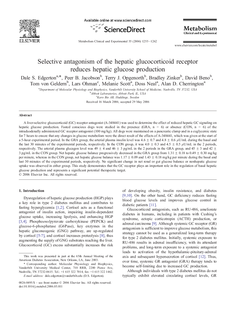 عکس صفحه اول مقاله: Selective antagonism of the hepatic glucocorticoid receptor reduces hepatic glucose production Selective antagonism of the hepatic glucocorticoid receptor reduces hepatic glucose production