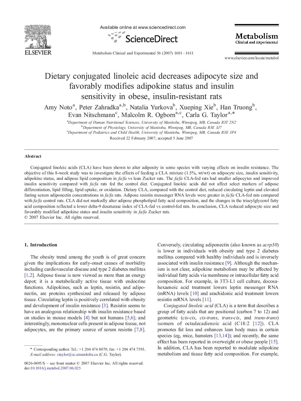 Dietary conjugated linoleic acid decreases adipocyte size and favorably modifies adipokine status and insulin sensitivity in obese, insulin-resistant rats