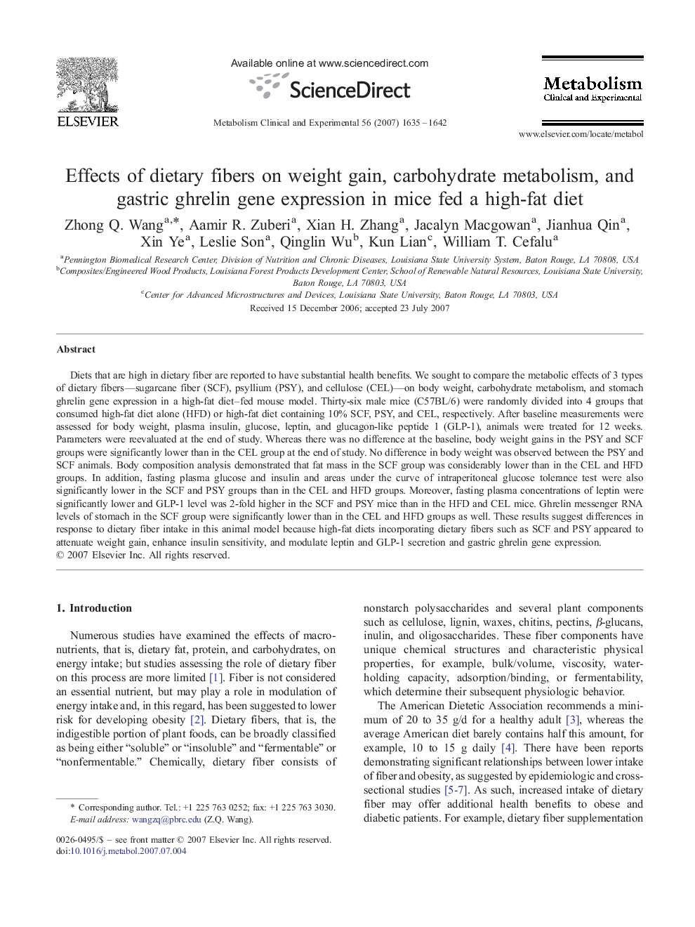 Effects of dietary fibers on weight gain, carbohydrate metabolism, and gastric ghrelin gene expression in mice fed a high-fat diet