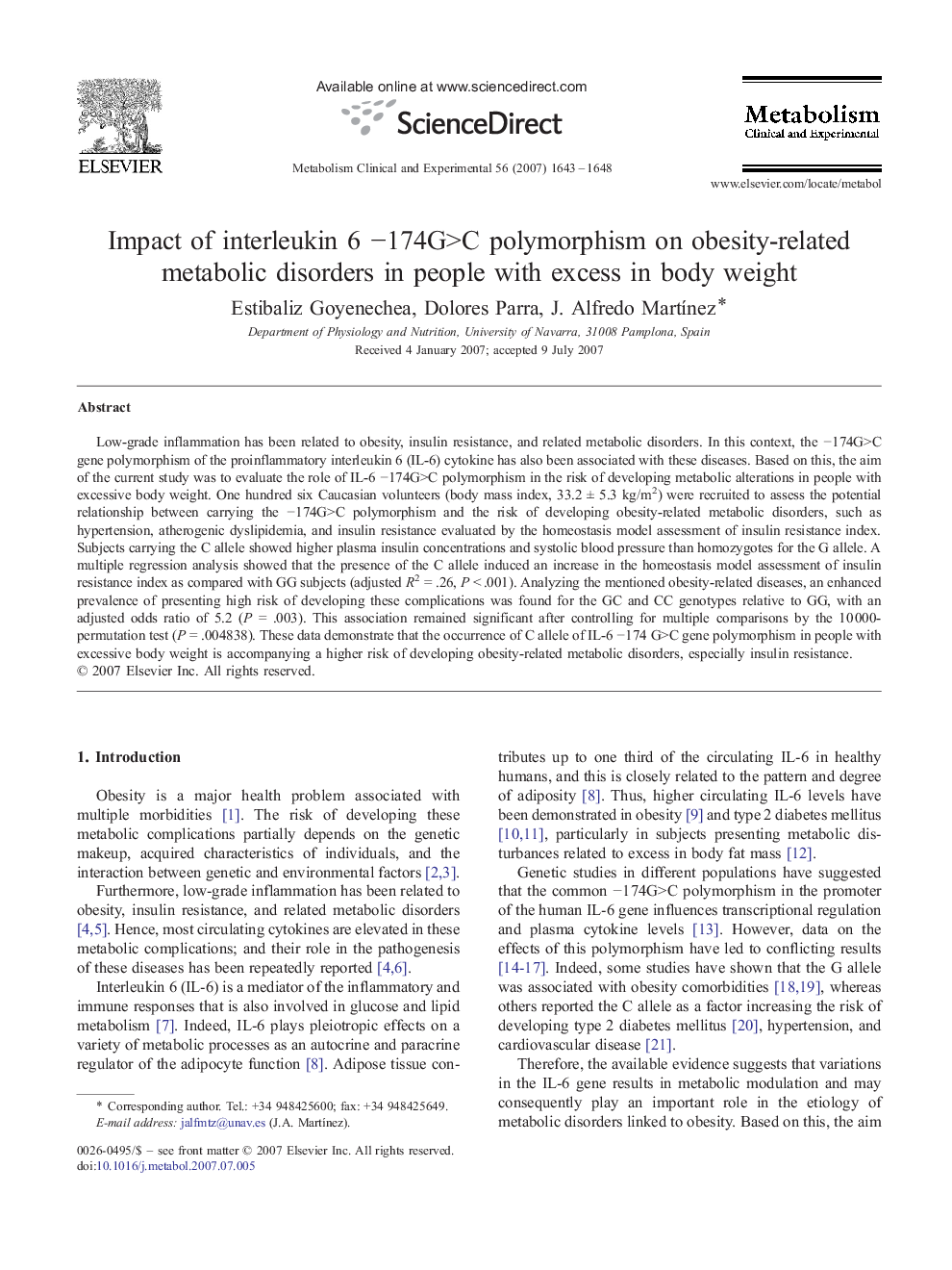 Impact of interleukin 6 −174G>C polymorphism on obesity-related metabolic disorders in people with excess in body weight
