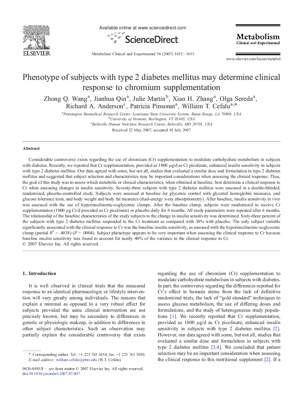Phenotype of subjects with type 2 diabetes mellitus may determine clinical response to chromium supplementation