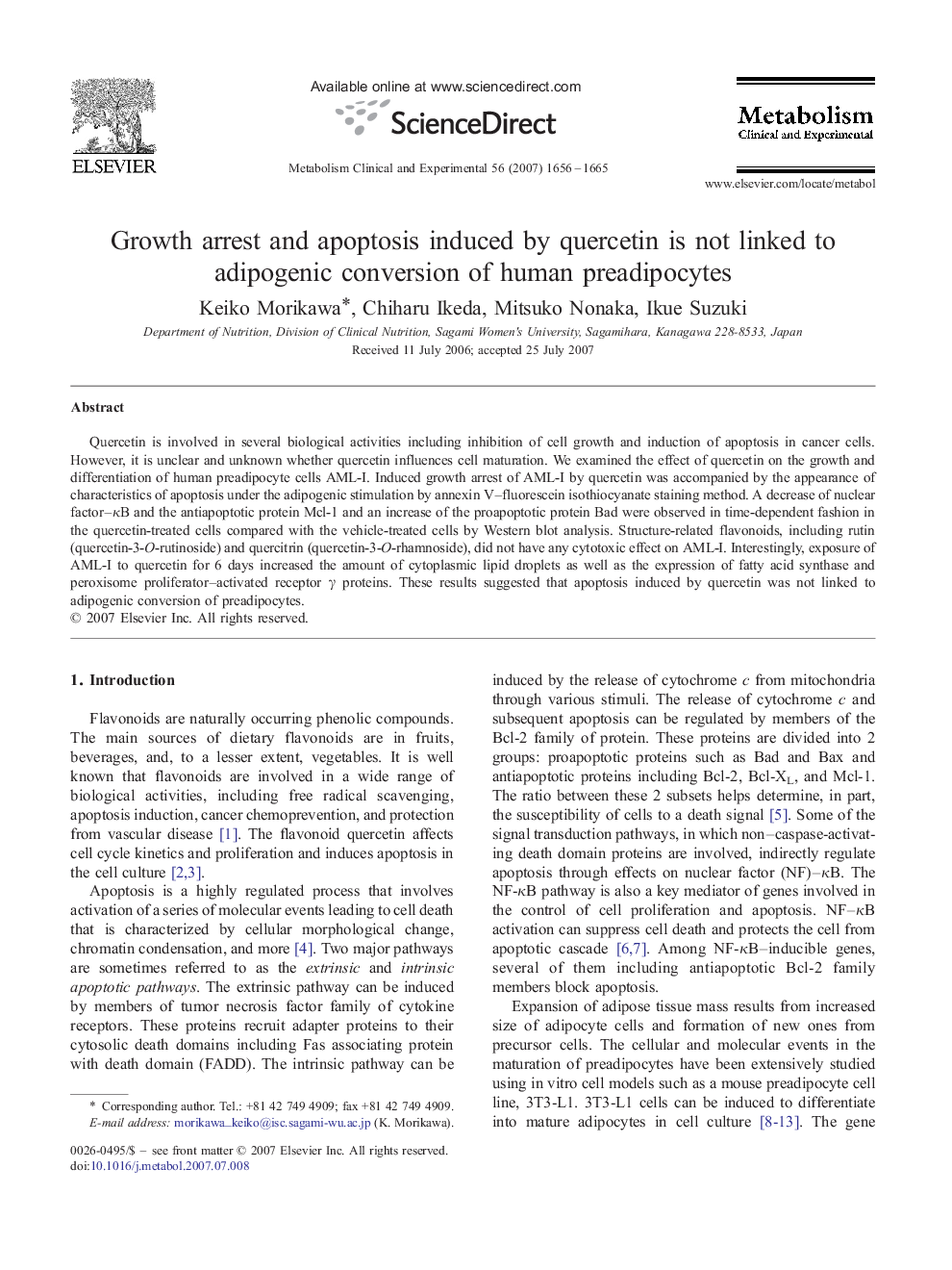 Growth arrest and apoptosis induced by quercetin is not linked to adipogenic conversion of human preadipocytes