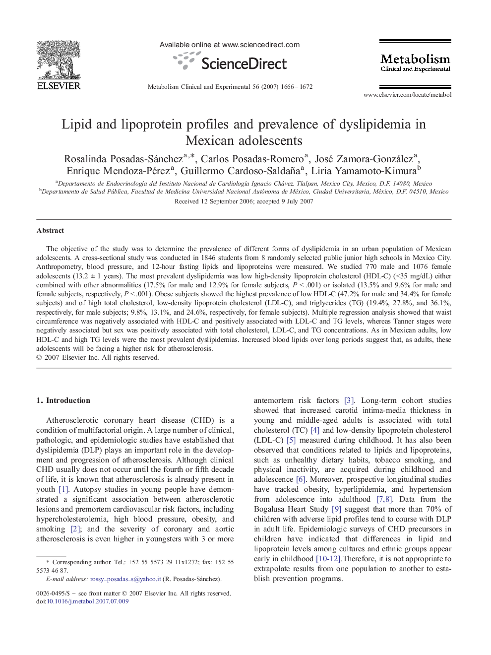 Lipid and lipoprotein profiles and prevalence of dyslipidemia in Mexican adolescents