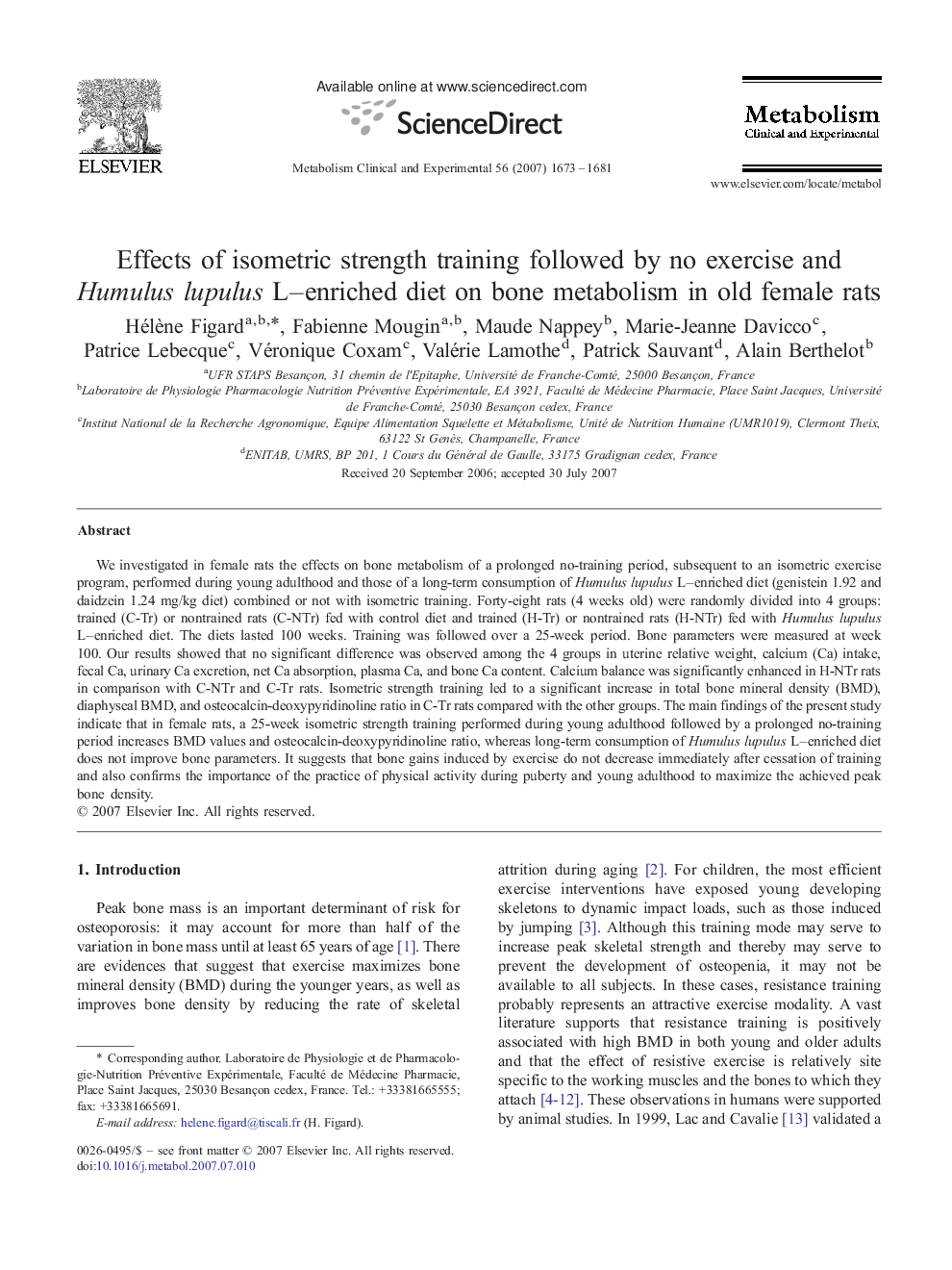 Effects of isometric strength training followed by no exercise and Humulus lupulus L–enriched diet on bone metabolism in old female rats