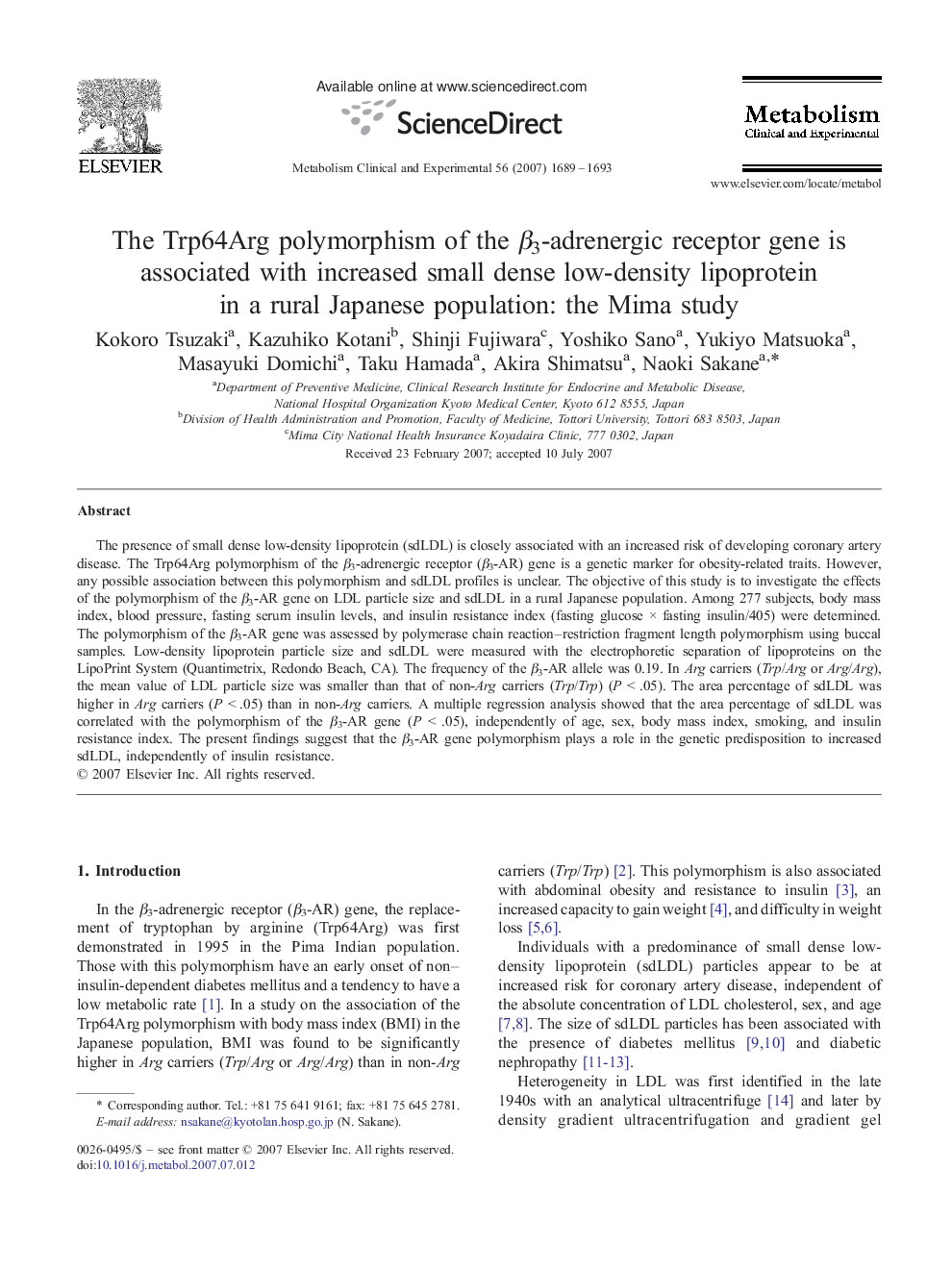 The Trp64Arg polymorphism of the β3-adrenergic receptor gene is associated with increased small dense low-density lipoprotein in a rural Japanese population: the Mima study