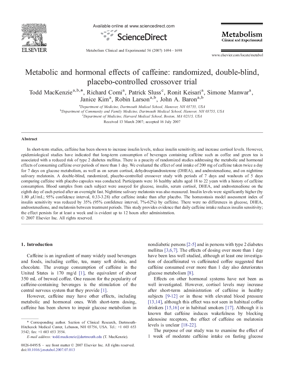 Metabolic and hormonal effects of caffeine: randomized, double-blind, placebo-controlled crossover trial