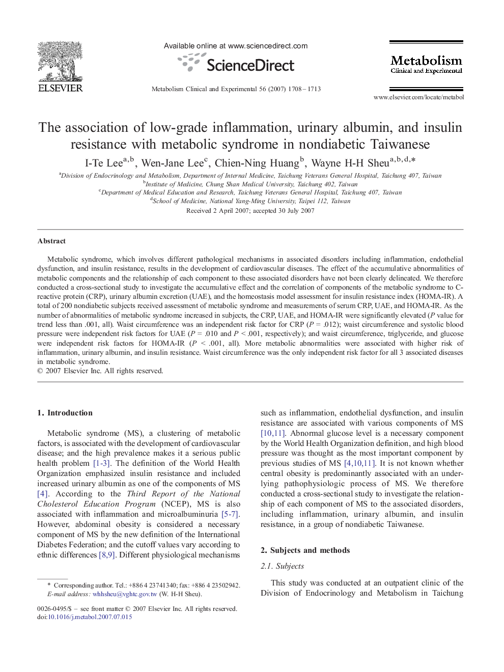 The association of low-grade inflammation, urinary albumin, and insulin resistance with metabolic syndrome in nondiabetic Taiwanese