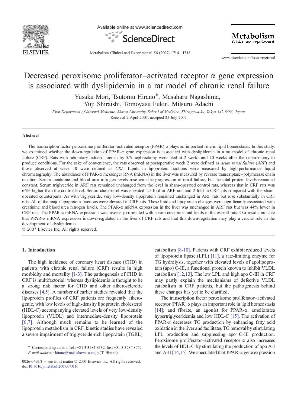 Decreased peroxisome proliferator–activated receptor α gene expression is associated with dyslipidemia in a rat model of chronic renal failure
