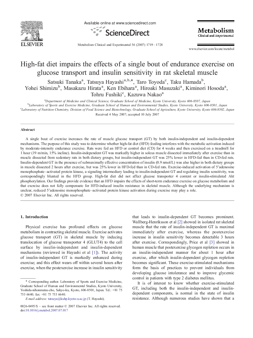 High-fat diet impairs the effects of a single bout of endurance exercise on glucose transport and insulin sensitivity in rat skeletal muscle