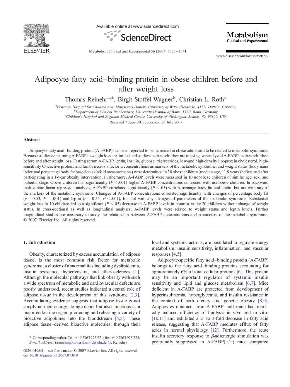 Adipocyte fatty acid–binding protein in obese children before and after weight loss