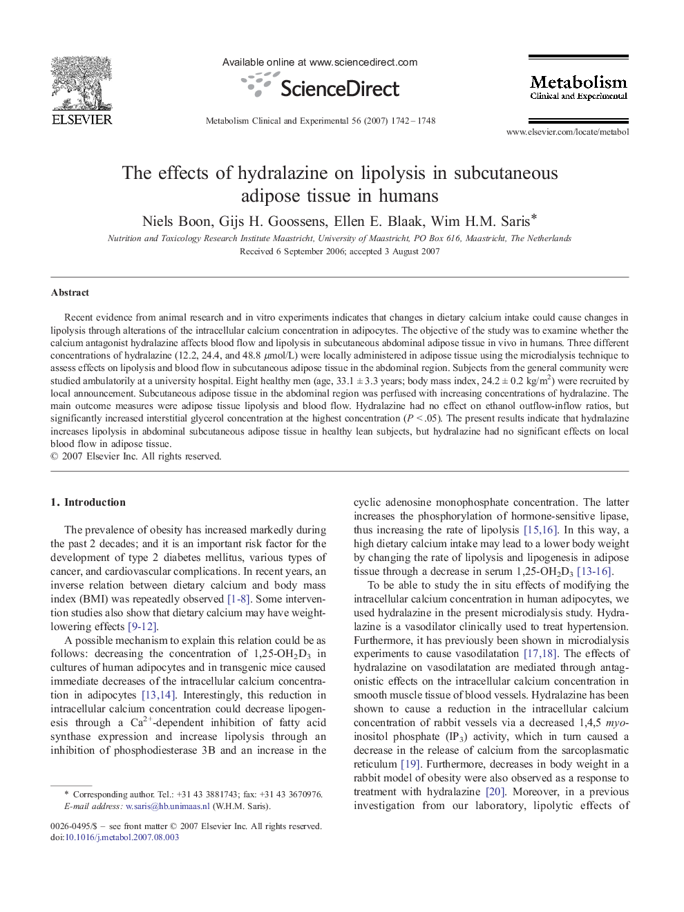 عکس صفحه اول مقاله: The effects of hydralazine on lipolysis in subcutaneous adipose tissue in humans The effects of hydralazine on lipolysis in subcutaneous adipose tissue in humans