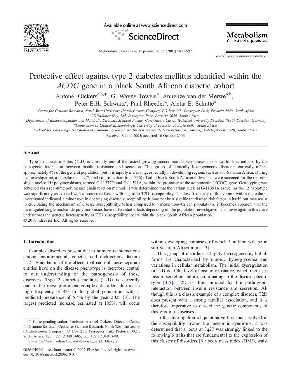Protective effect against type 2 diabetes mellitus identified within the ACDC gene in a black South African diabetic cohort