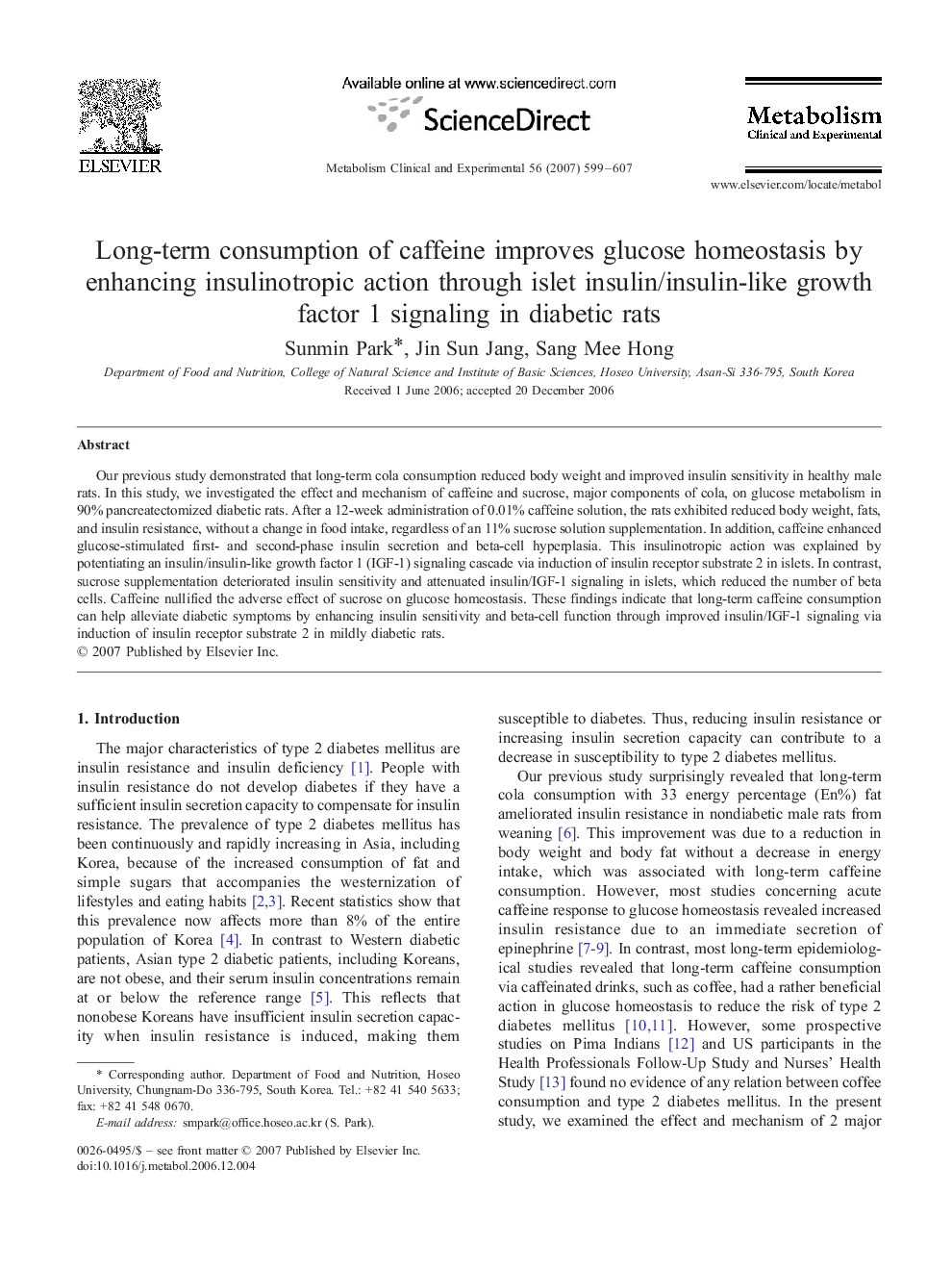 Long-term consumption of caffeine improves glucose homeostasis by enhancing insulinotropic action through islet insulin/insulin-like growth factor 1 signaling in diabetic rats