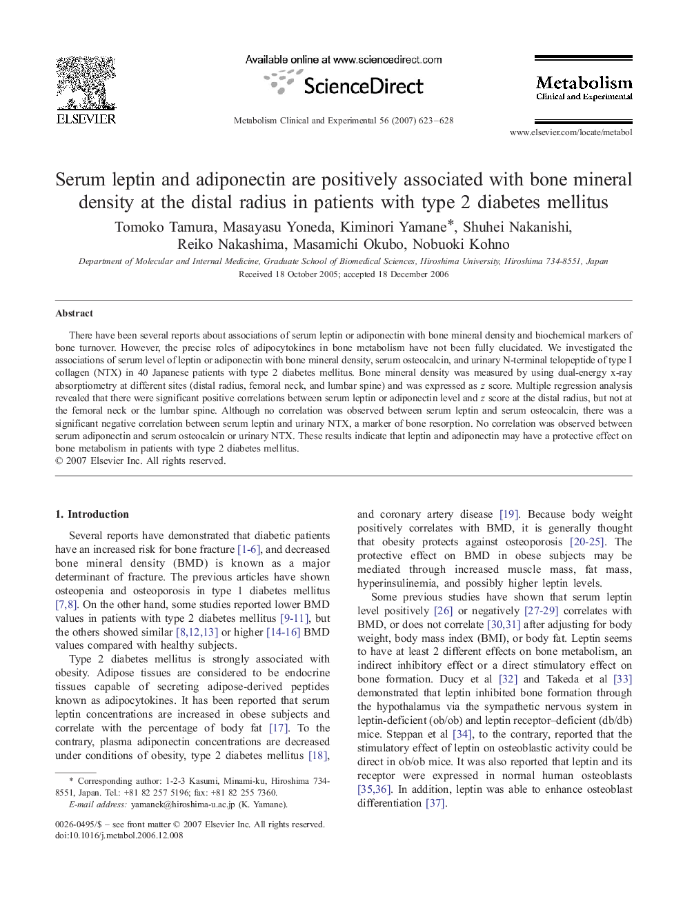 Serum leptin and adiponectin are positively associated with bone mineral density at the distal radius in patients with type 2 diabetes mellitus