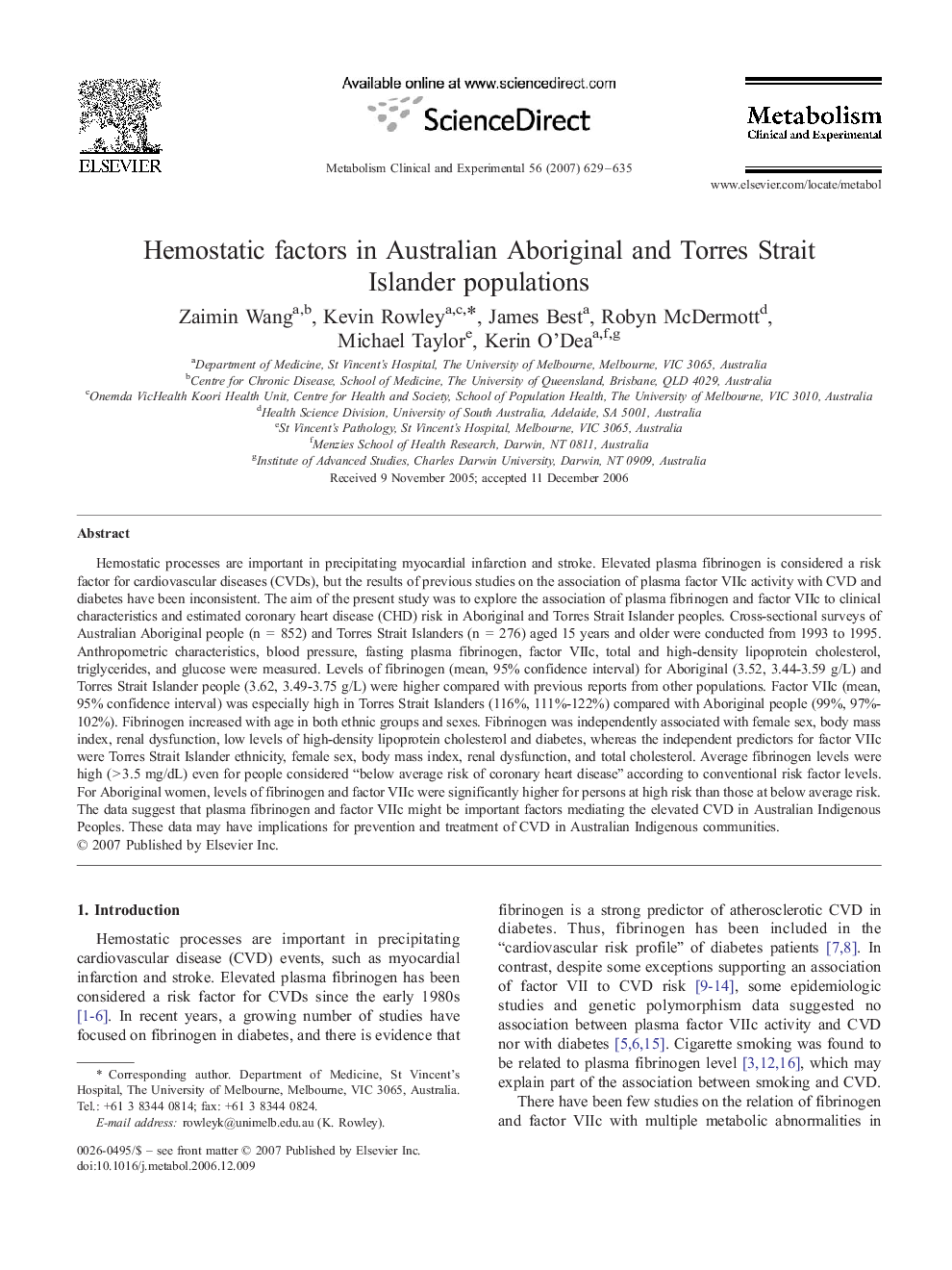 Hemostatic factors in Australian Aboriginal and Torres Strait Islander populations