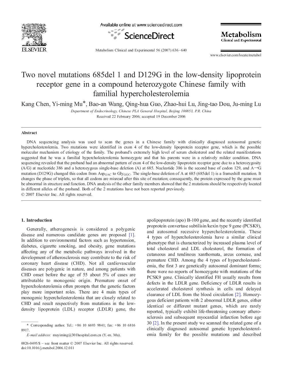 Two novel mutations 685del 1 and D129G in the low-density lipoprotein receptor gene in a compound heterozygote Chinese family with familial hypercholesterolemia