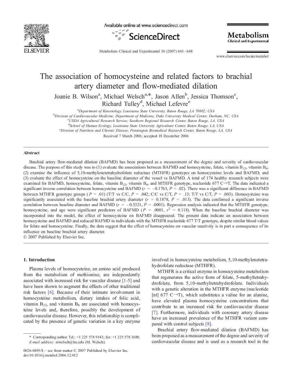 The association of homocysteine and related factors to brachial artery diameter and flow-mediated dilation