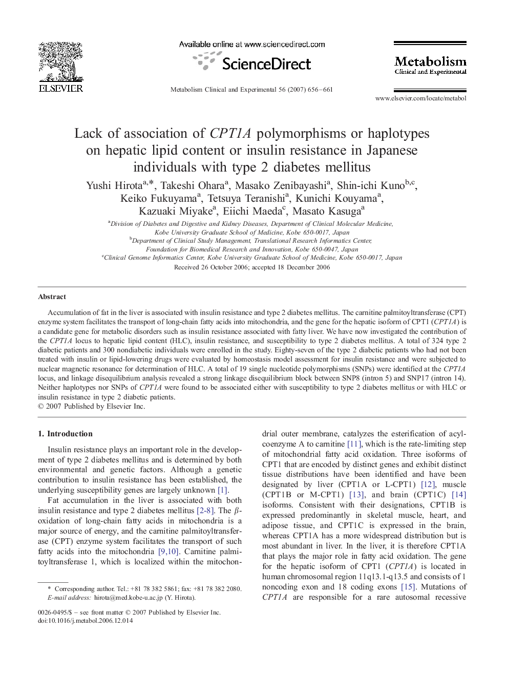 Lack of association of CPT1A polymorphisms or haplotypes on hepatic lipid content or insulin resistance in Japanese individuals with type 2 diabetes mellitus
