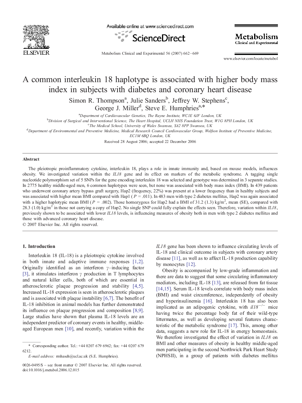 A common interleukin 18 haplotype is associated with higher body mass index in subjects with diabetes and coronary heart disease