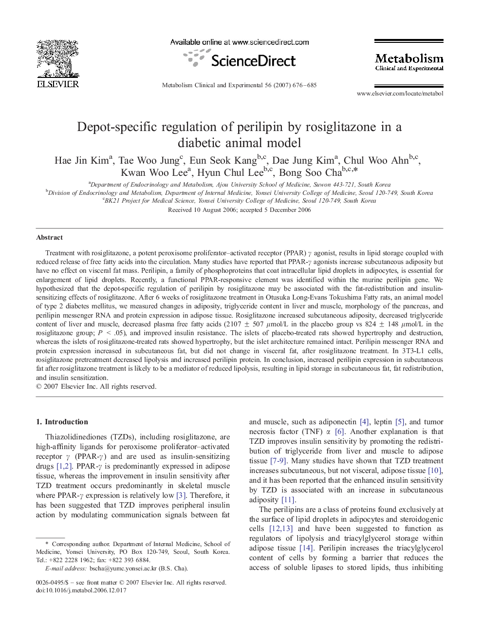 Depot-specific regulation of perilipin by rosiglitazone in a diabetic animal model
