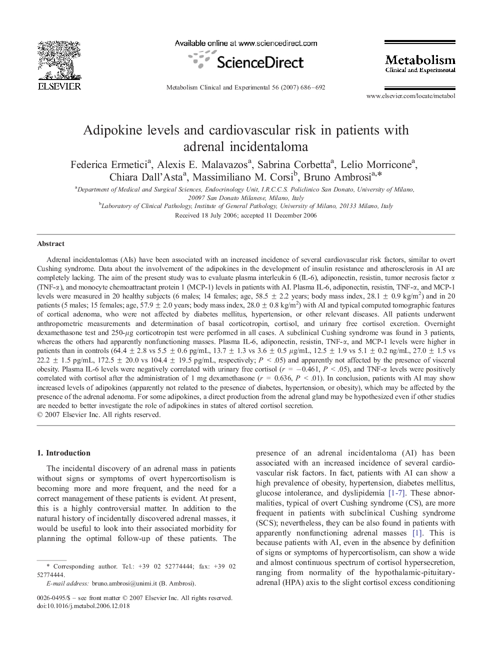 Adipokine levels and cardiovascular risk in patients with adrenal incidentaloma